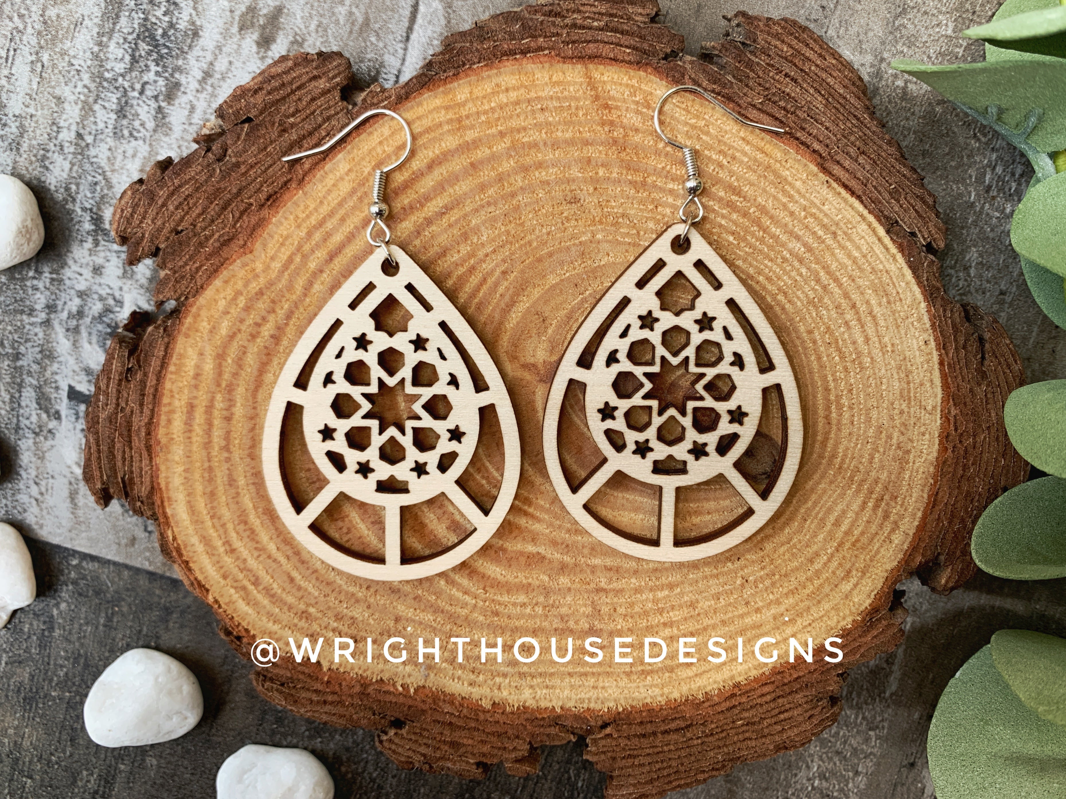 Geometric Teardrop Earrings - Style 4 - Select A Stain - Rustic Birch Wooden Handmade Jewelry