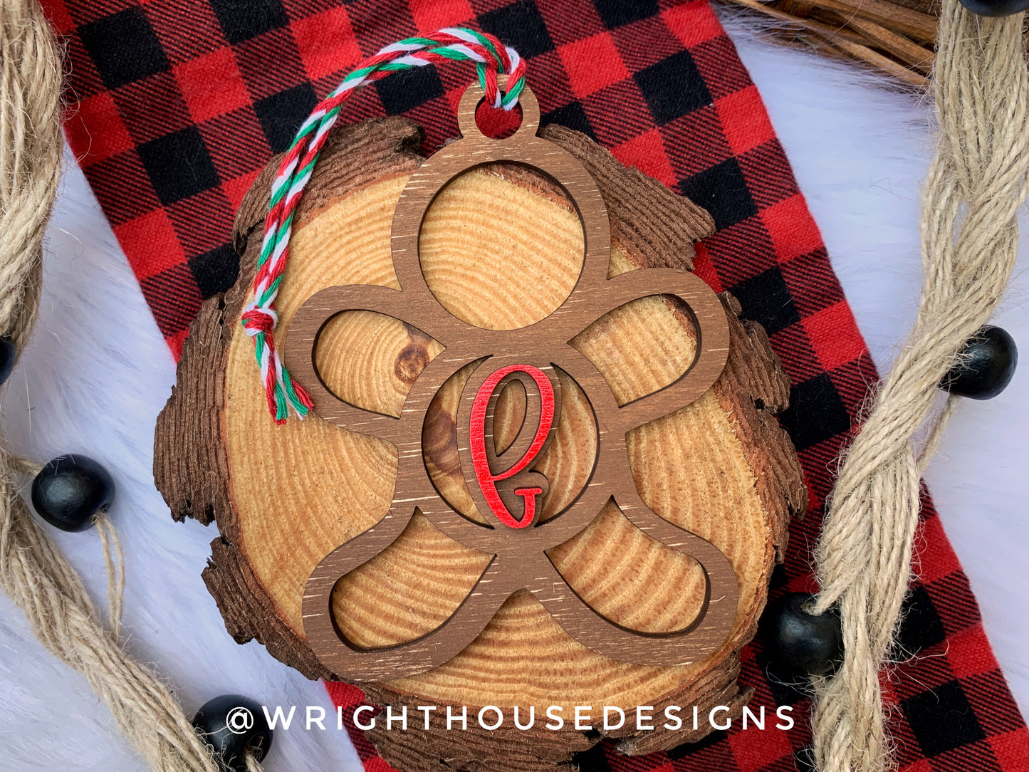 Personalized Gingerbread - Monogram Name Initial - Wooden Christmas Tree Ornament - Gift Bag Tag - Handmade - Winter Decor - Holiday Gift