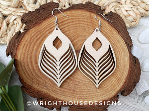 Peacock Feather Dangle Earrings - Style 6 - Rustic Birch Wooden Handmade Jewelry