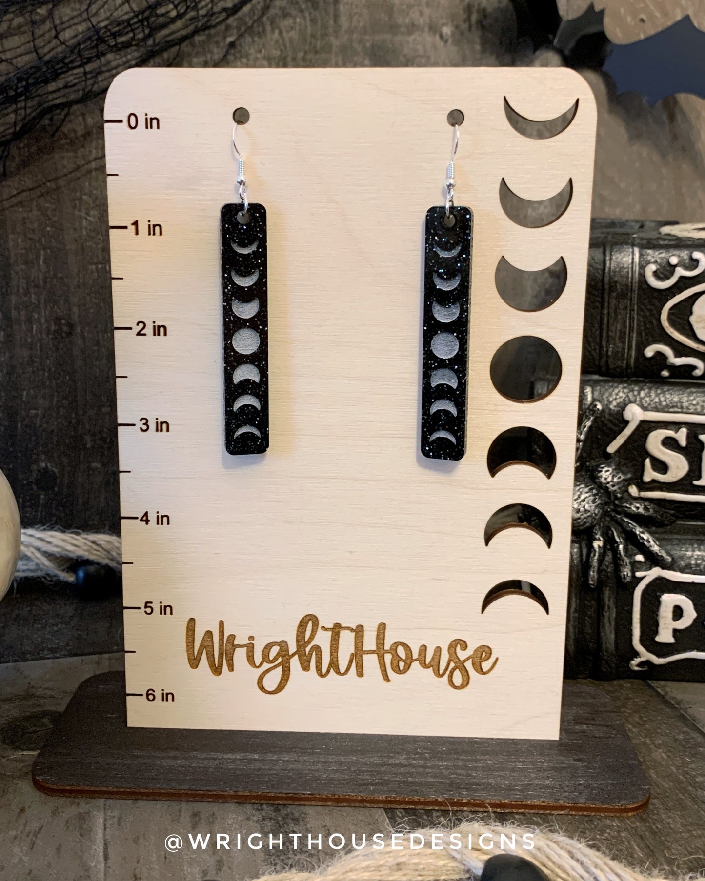 Engraved Moon Phase - Celestial Earrings - Black Glitter Acrylic Handmade Jewelry