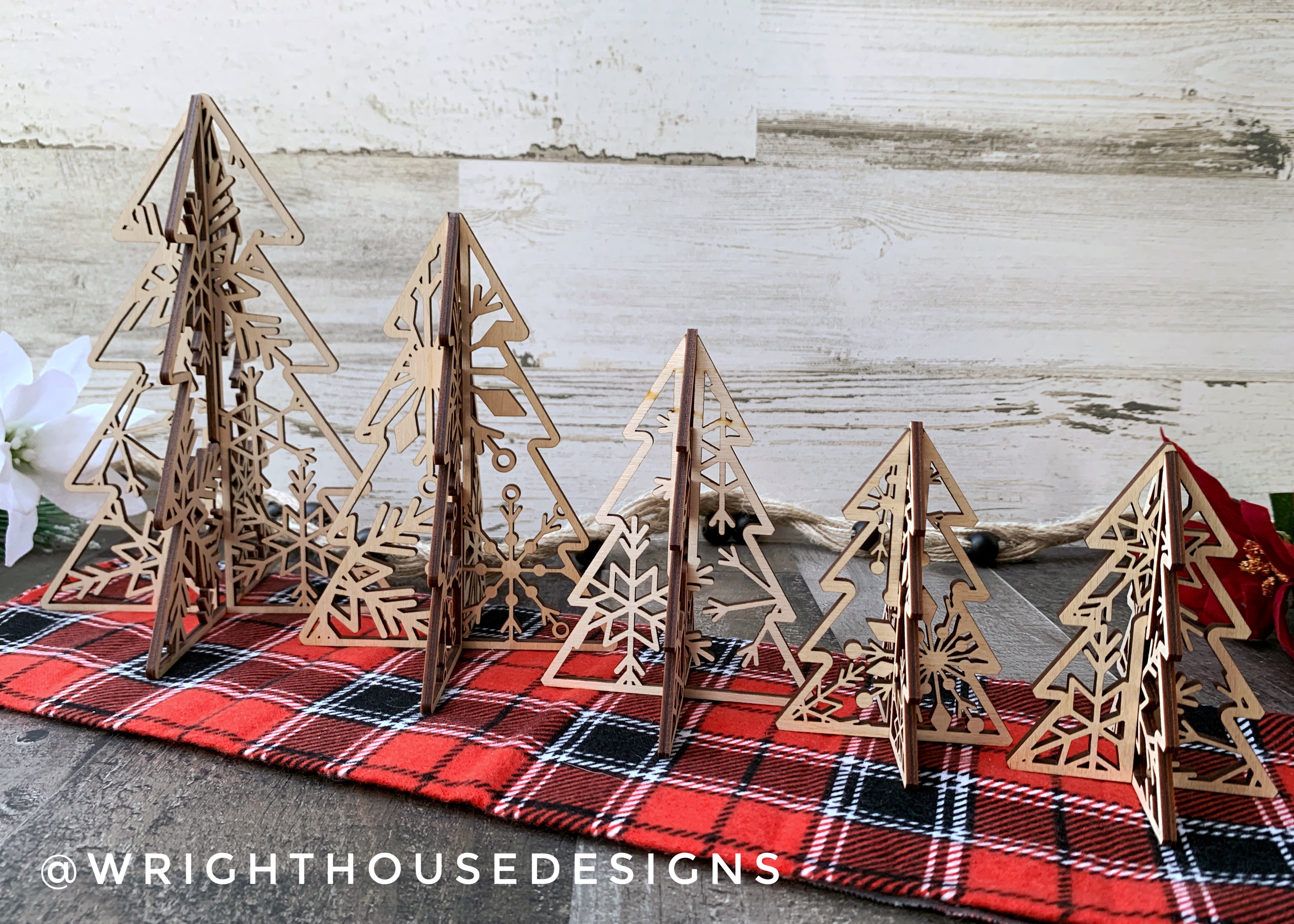 Wooden 3D Snowflake Pattern Christmas Trees - Laser Cut Interlocking Holiday Decor - Fireplace Mantle - Shelf Sitter