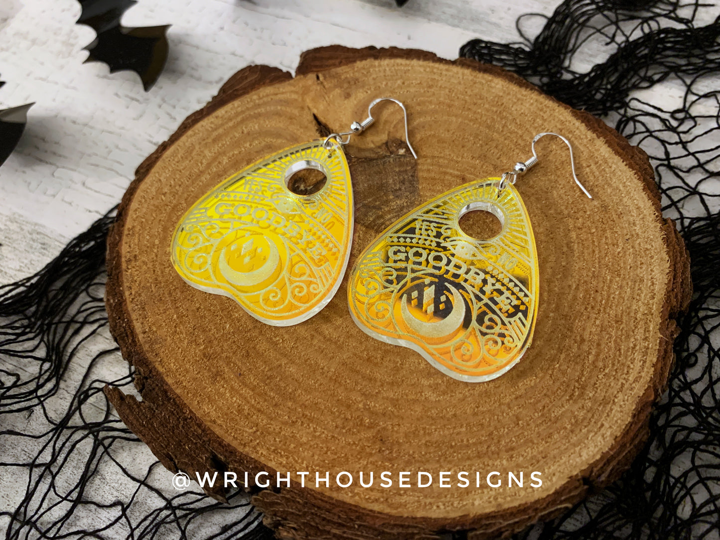 Oiji Board Planchette - Witchy Earrings - Engraved Iridescent Acrylic Handmade Jewelry