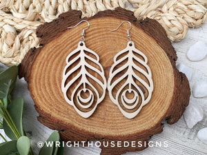 Peacock Feather Dangle Earrings - Style 3 - Rustic Birch Wooden Handmade Jewelry