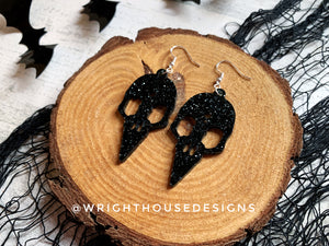 Gothic Style Bird Skulls - Witchy Halloween Earrings - Glitter Black Acrylic Handmade Jewelry