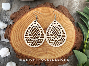 Geometric Teardrop Earrings - Style 7 - Select A Stain - Rustic Birch Wooden Handmade Jewelry