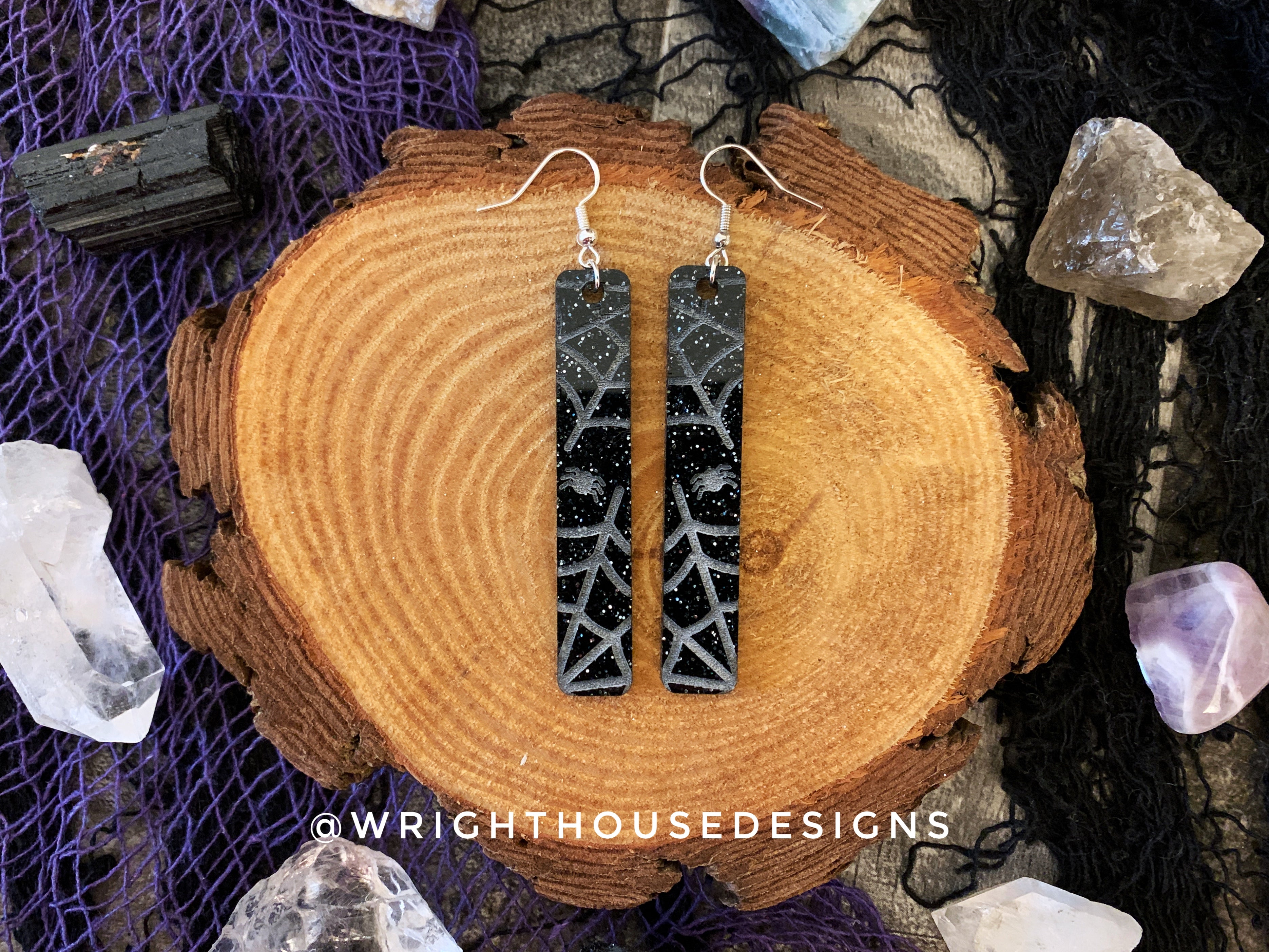 Engraved Spiderwebs - Halloween Earrings - Black Glitter Acrylic Handmade Jewelry