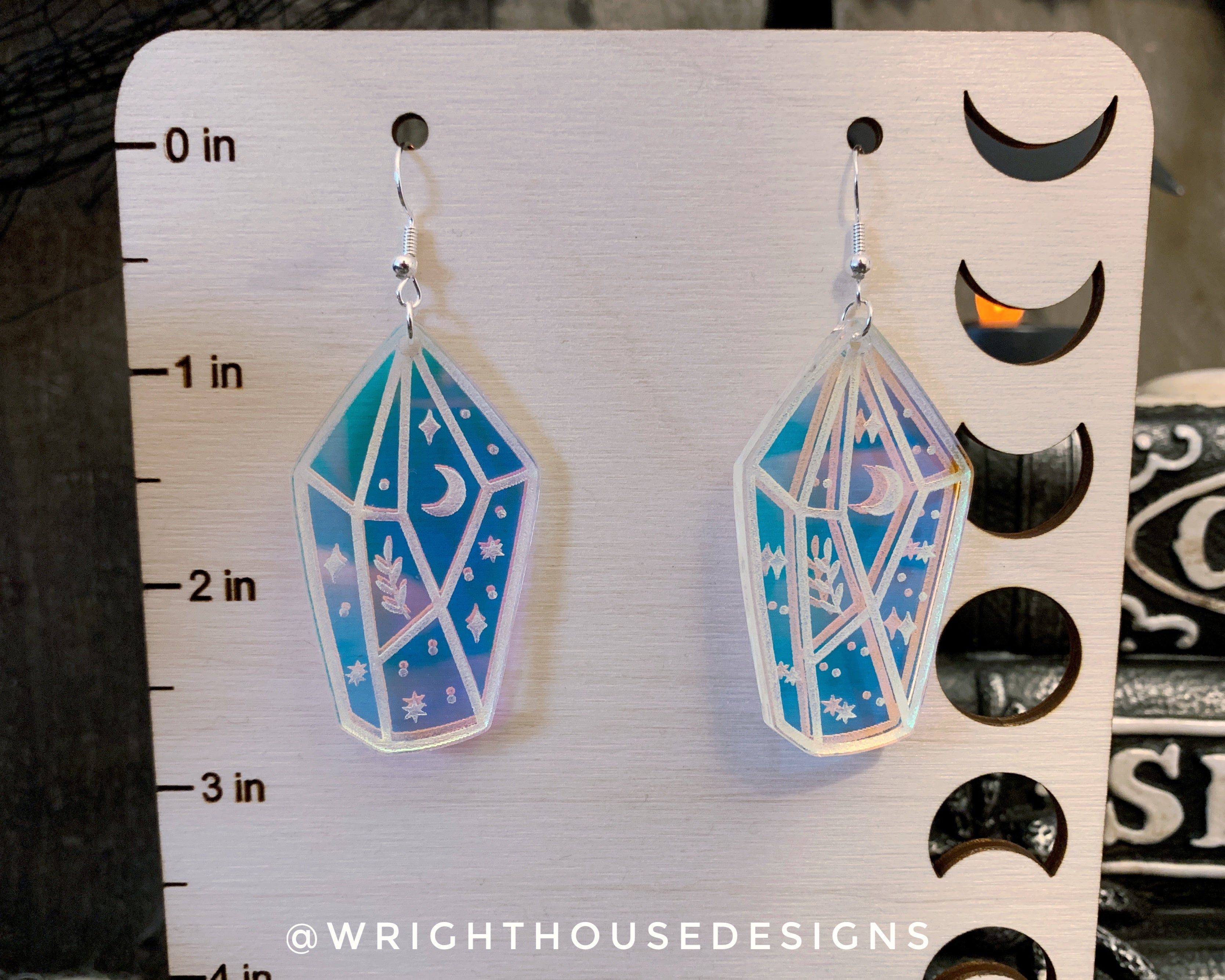Celestial Crystals Style One - Witchy Earrings - Engraved Iridescent Acrylic Handmade Jewelry