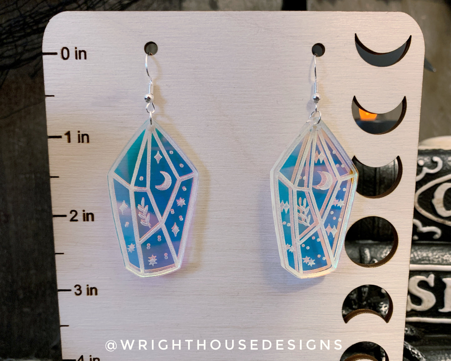 Celestial Crystals Style One - Witchy Earrings - Engraved Iridescent Acrylic Handmade Jewelry