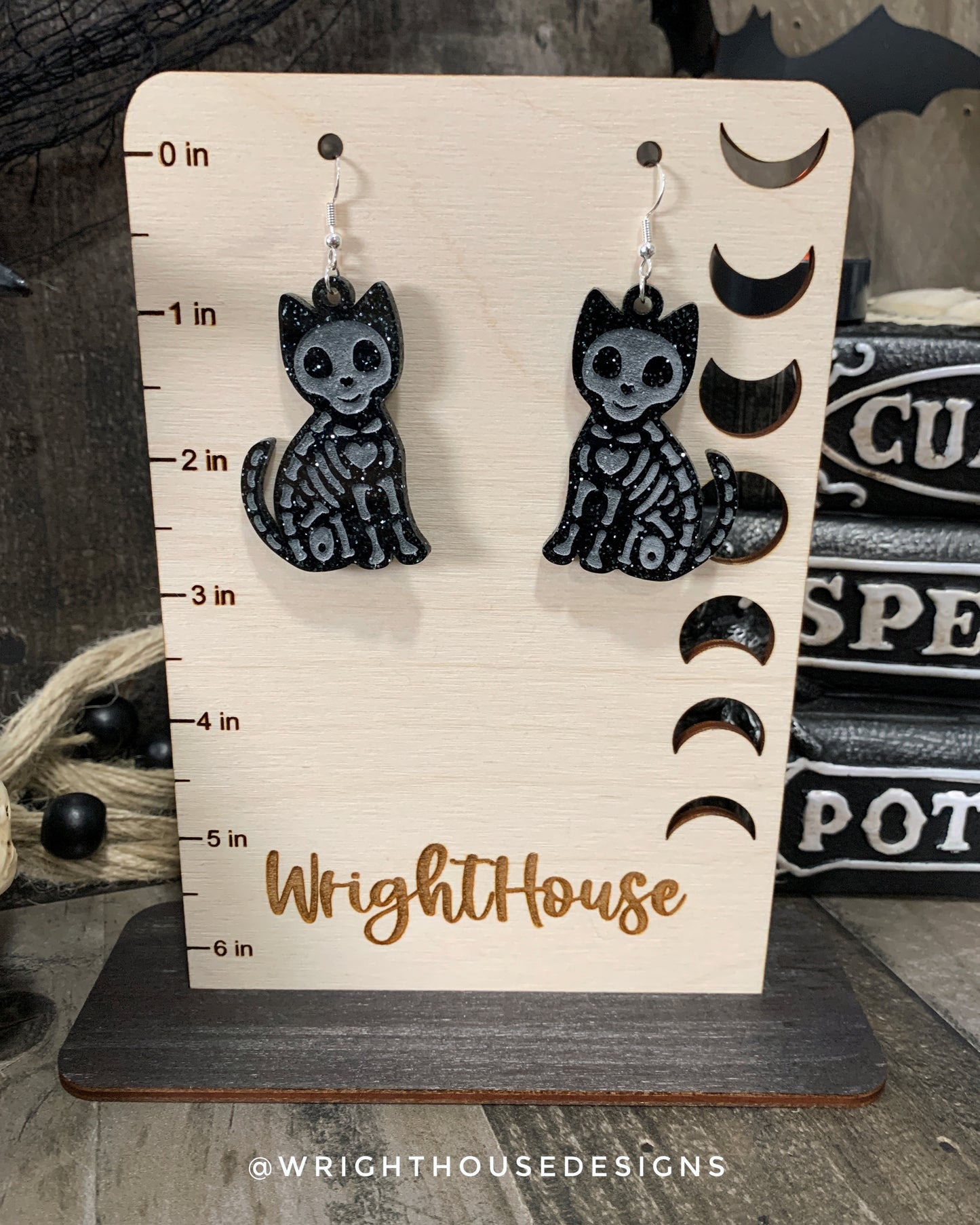 Skeleton Black Cats - Halloween Earrings - Glitter Black Acrylic Handmade Jewelry