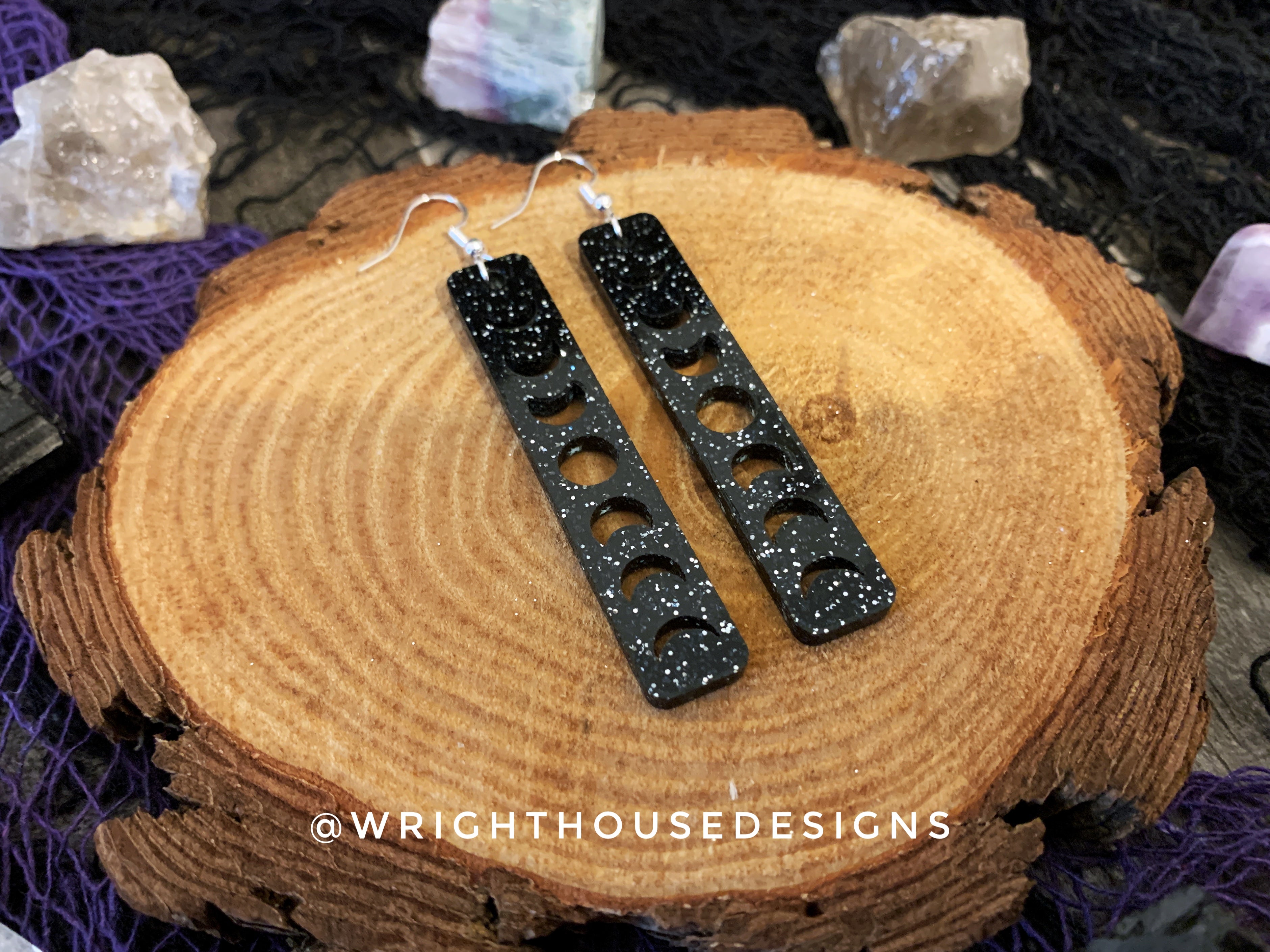 Cut Out Moon Phase - Celestial Earrings - Black Glitter Acrylic Handmade Jewelry