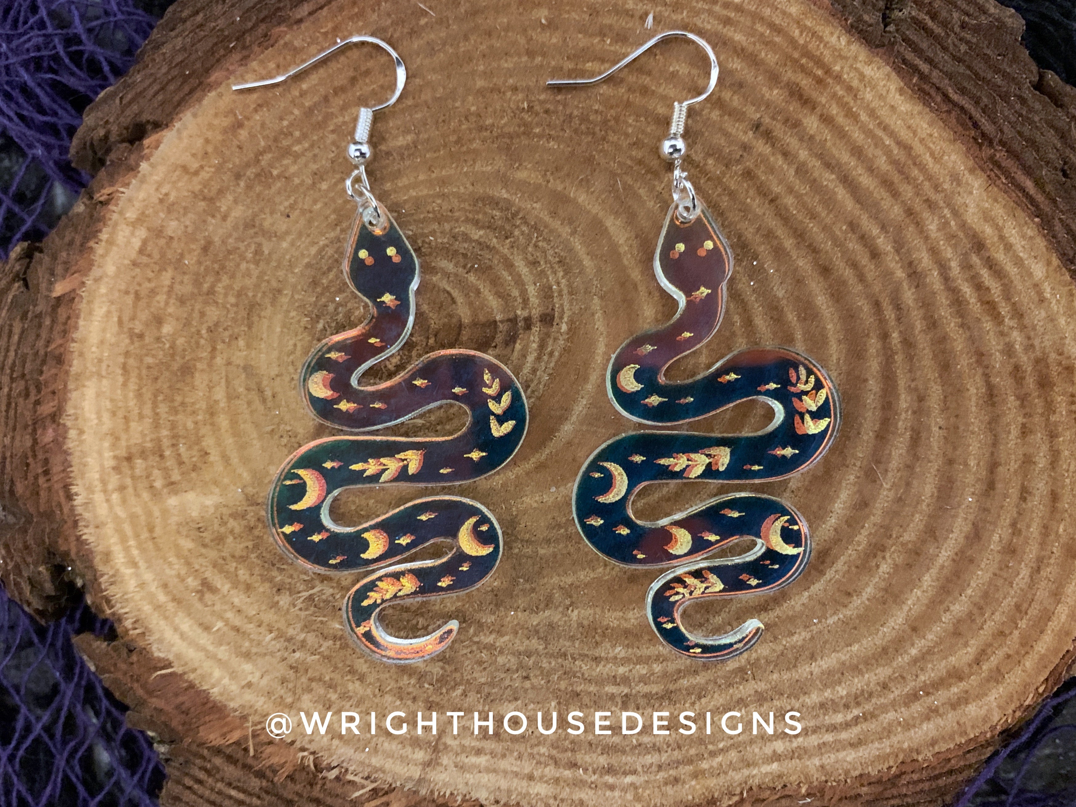 Celestial Snakes - Witchy Halloween Earrings - Engraved Iridescent  Acrylic Handmade Jewelry