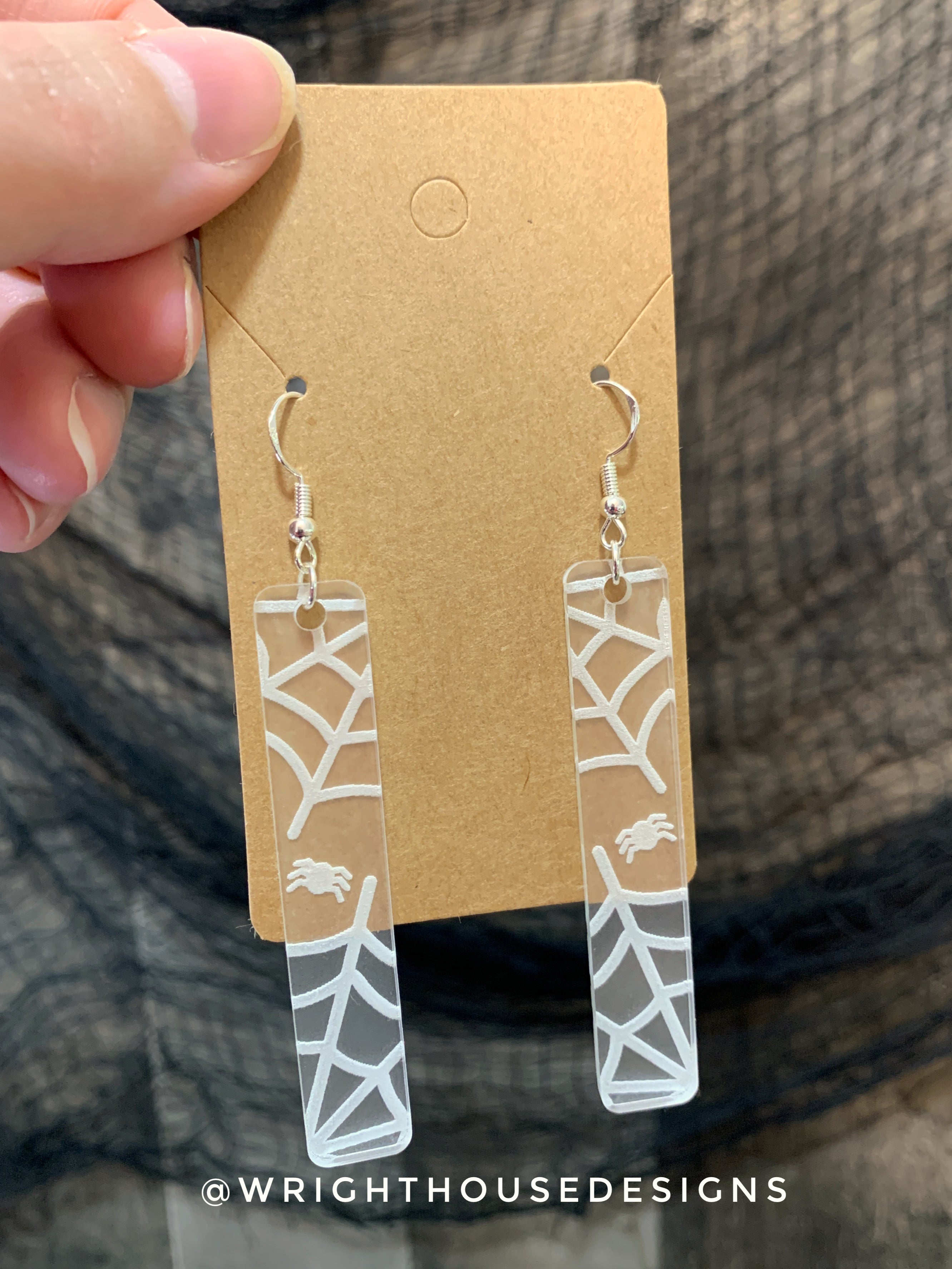Spiderweb - Halloween Drop Earrings - Engraved Frosted Clear Acrylic - Handmade Jewelry