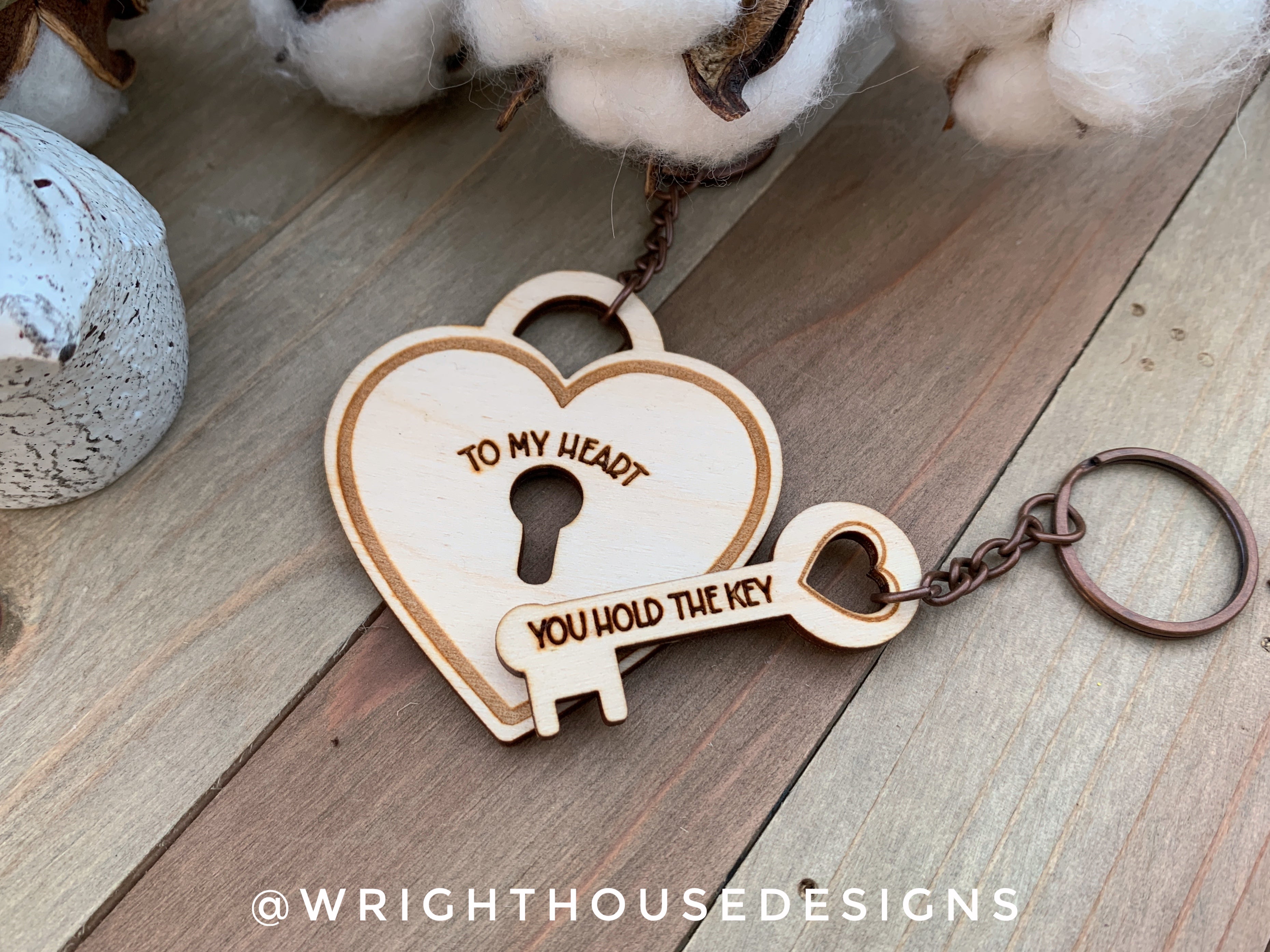 Valentine's Lock & Key Interlocking Wooden Keychain