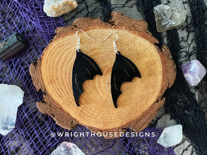 Witchy Black Bat Wings - Cut Halloween Earrings - Gloss Black Acrylic Handmade Jewelry